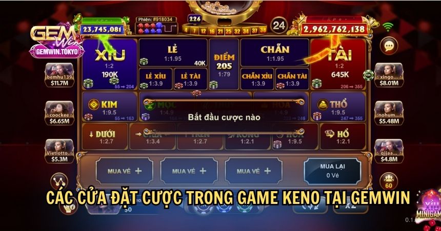 Các cửa đặt cược trong game Keno tại GEMWIN